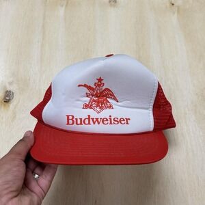 Budweiser Red White Trucker Hat Mesh Snapback Baseball Cap Adjustable Beer Logo